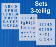 3-teilige Schablonen Sets Buchstaben groß, klein und Zahlen in vielen Schriftarten