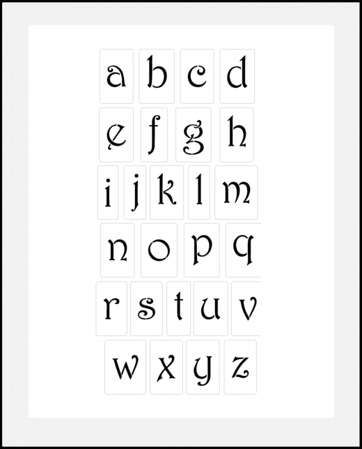 Schnörkel-Buchstaben klein 2,9cm - 5,4cm hoch Schrift-Schablonen-Set Nr.34 / 26 einzelne Schablonen