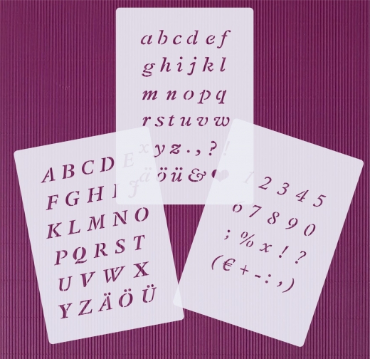 3er Schablonen Set Nr.23 ● ca. 1cm bis 1,4cm hoch extra kleine kursive Buchstaben groß, klein und Zahlen