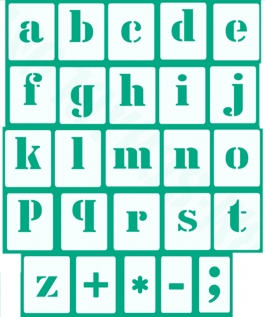 Kleine Buchstaben Schrift-Schablonen-Set Nr.5 / 30 einzelne Schablonen, passend zu 3cm Großbuchstaben