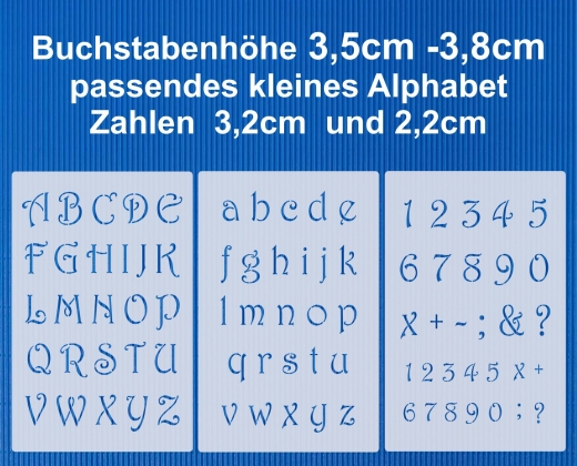 Alphabet groß, klein und Zahlen ● Buchstaben 3cm hoch ● 3-teiliges Schablonen-Set Nr.34
