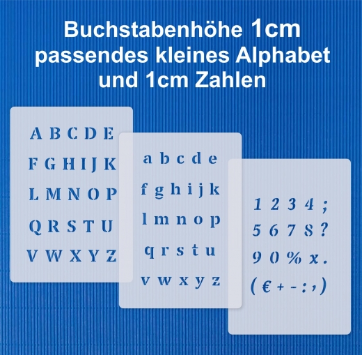 3er Schablonen Set Nr.01 ● ca. 1cm hoch extra kleine Buchstaben groß, passende kleine Buchstaben und Zahlen