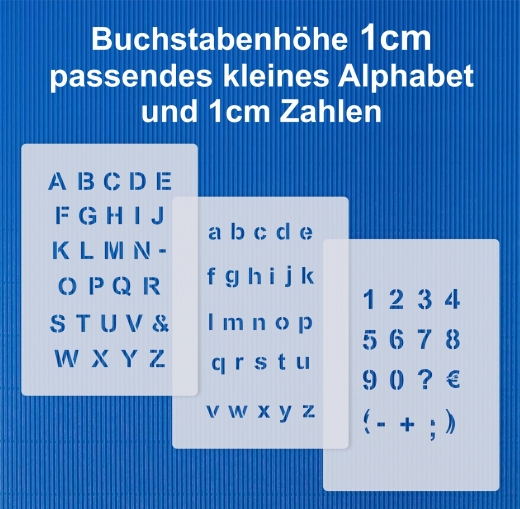 3er Schablonen Set Nr.04 ● ca. 1cm hoch extra kleine Buchstaben groß, passende kleine Buchstaben und Zahlen