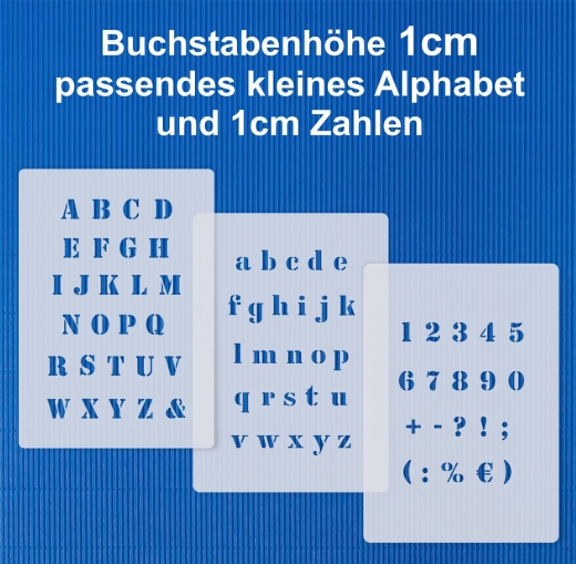 3er Schablonen Set Nr.05 ● ca. 1cm hoch extra kleine Buchstaben groß, passende kleine Buchstaben und Zahlen