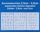 3-teiliges Schablonen Set Nr.39 - ca 2,5cm bis 3,5cm hoch Buchstaben groß, klein und Zahlen