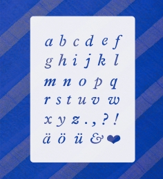 Schrift-Schablone kleines Alphabet ● ABC Kursiv, 0,7cm - 1,7cm hoch